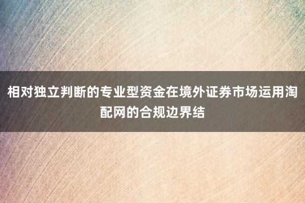 相对独立判断的专业型资金在境外证券市场运用淘配网的合规边界结